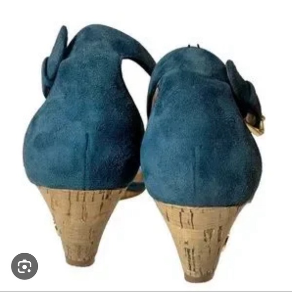 Tory Burch ‘Savannah’ Genuine Suede Cork Wedge Sandals in Teal & Tan Size 6 - Picture 3 of 3
